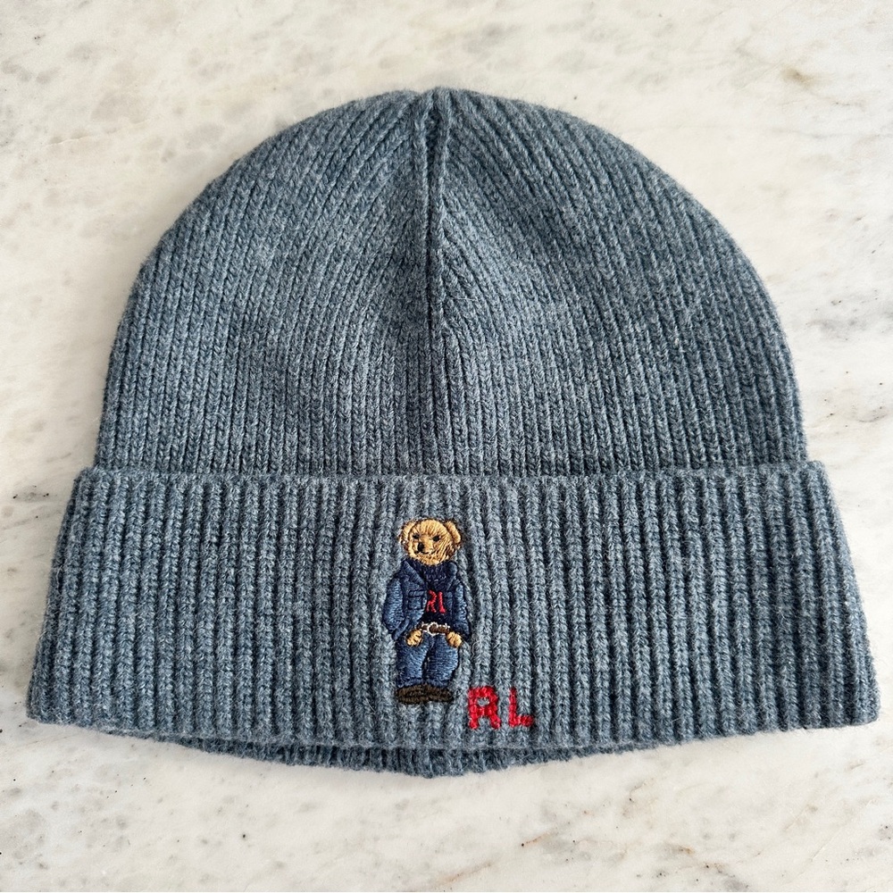 Polo by Ralph Lauren Gray Knit Hat with Bear Motif